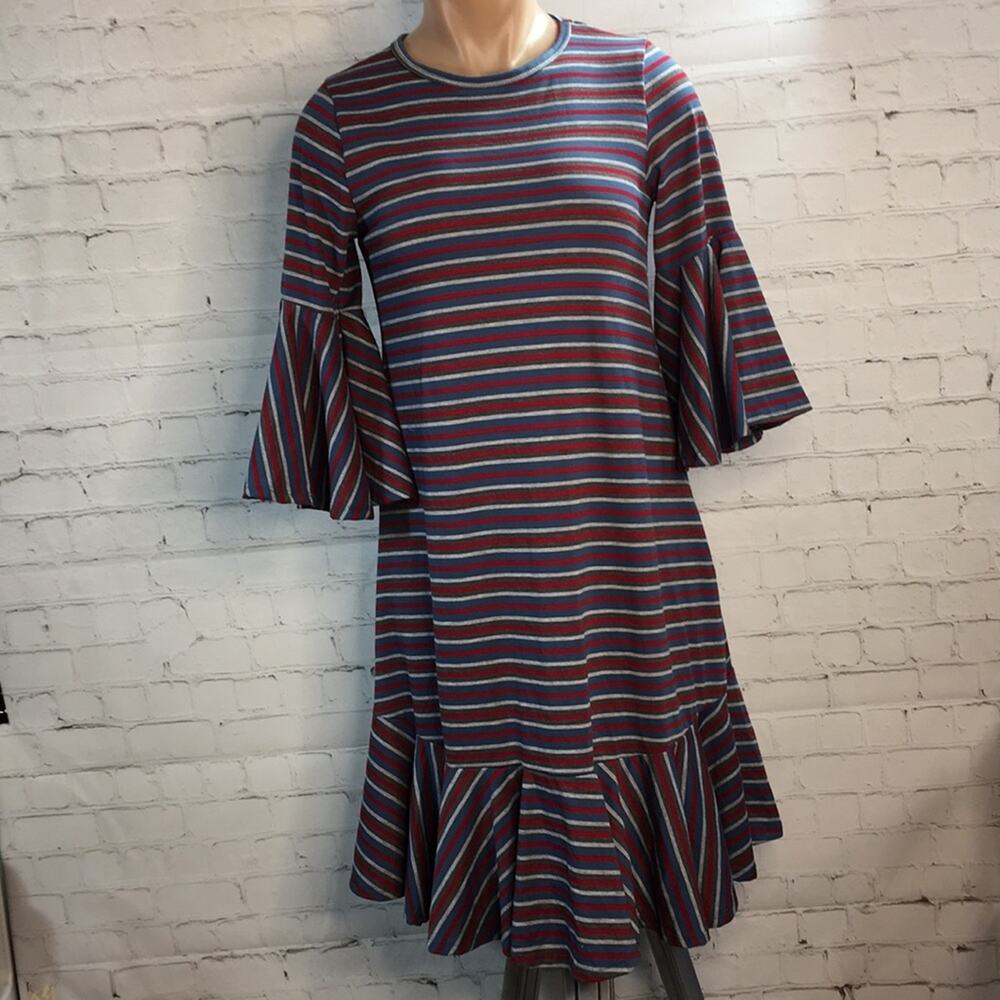 LulaRoe Maureen Dress Red White Blue Stripe Ruffle Bell Sleeve Ruffle Hemline XS